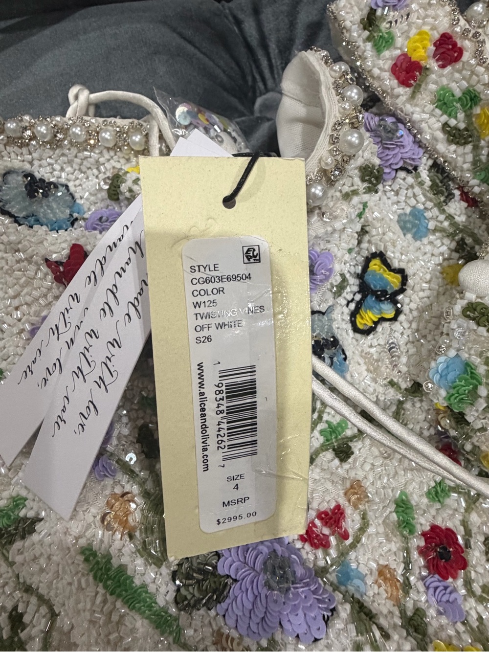 Alice + Olivia Strapless White Beaded Gown with Multicolor Floral Embroidery - Picture 13 of 16